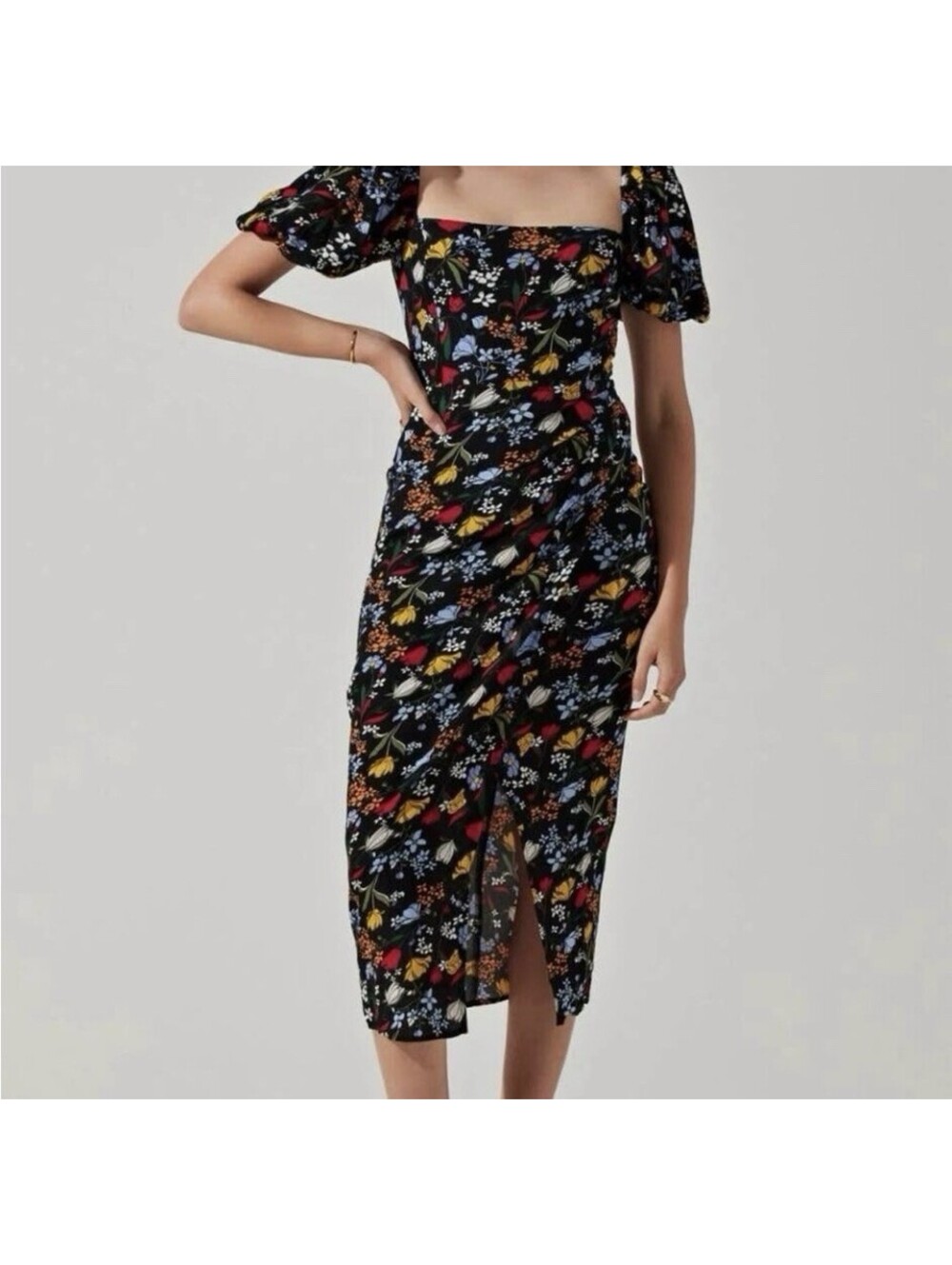ASTR the Label Black Floral Puff Sleeve Front Slit Midi Dress S Cottage Boho
